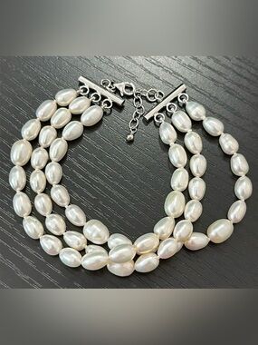 Hand Knotted 3-Strand Pearl 925 Silver Clasp NF Signed Toggle Clasp VTG Bracelet